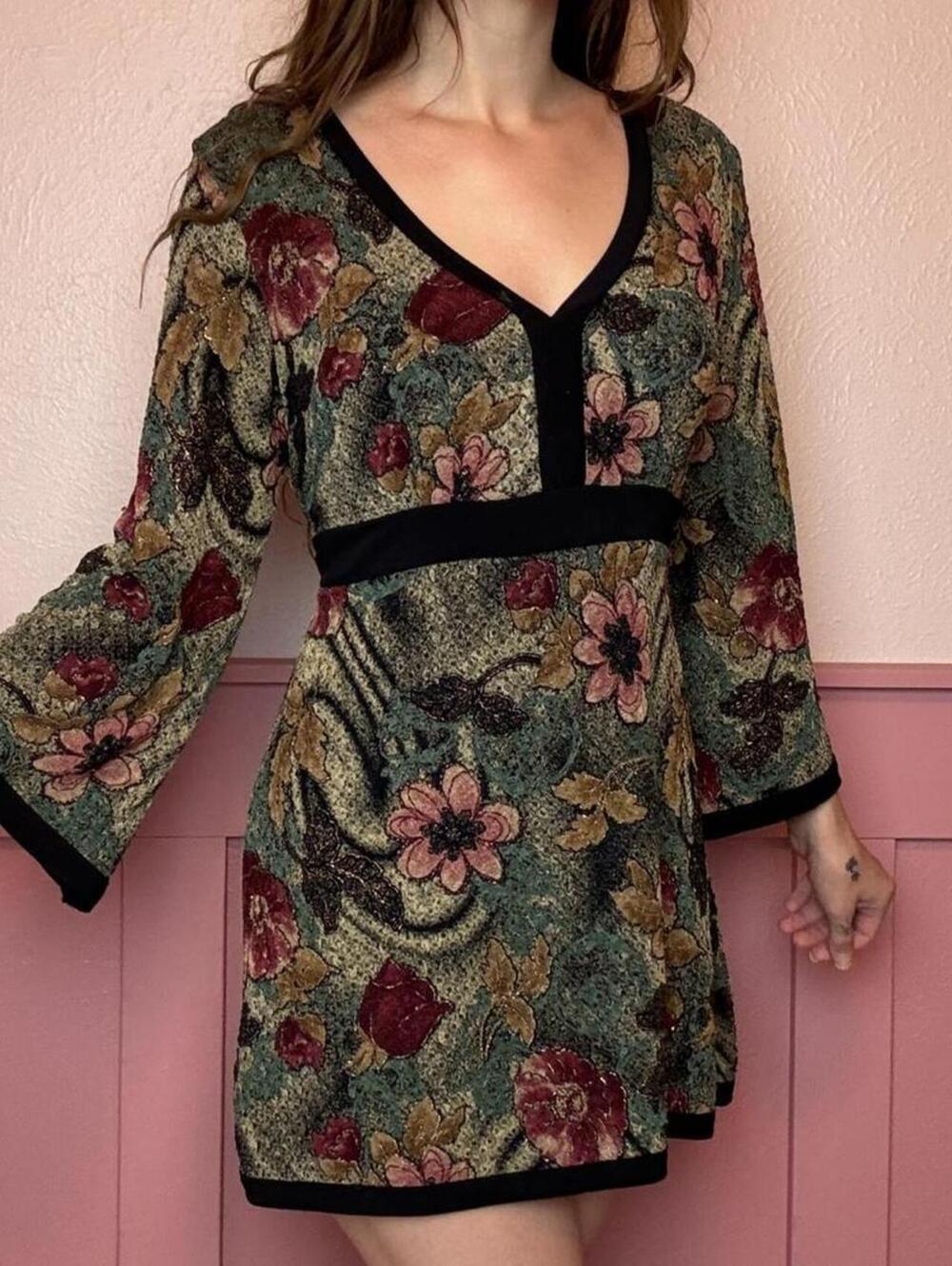 90s floral tapestry tie back mini ren fair boho grunge fairy moody